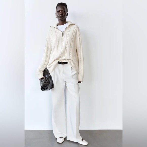 ZARA Women’s Cream Cotton Cable-knit Polo Dad Sweater with Zip Collar | XL NWT - Picture 4 of 13